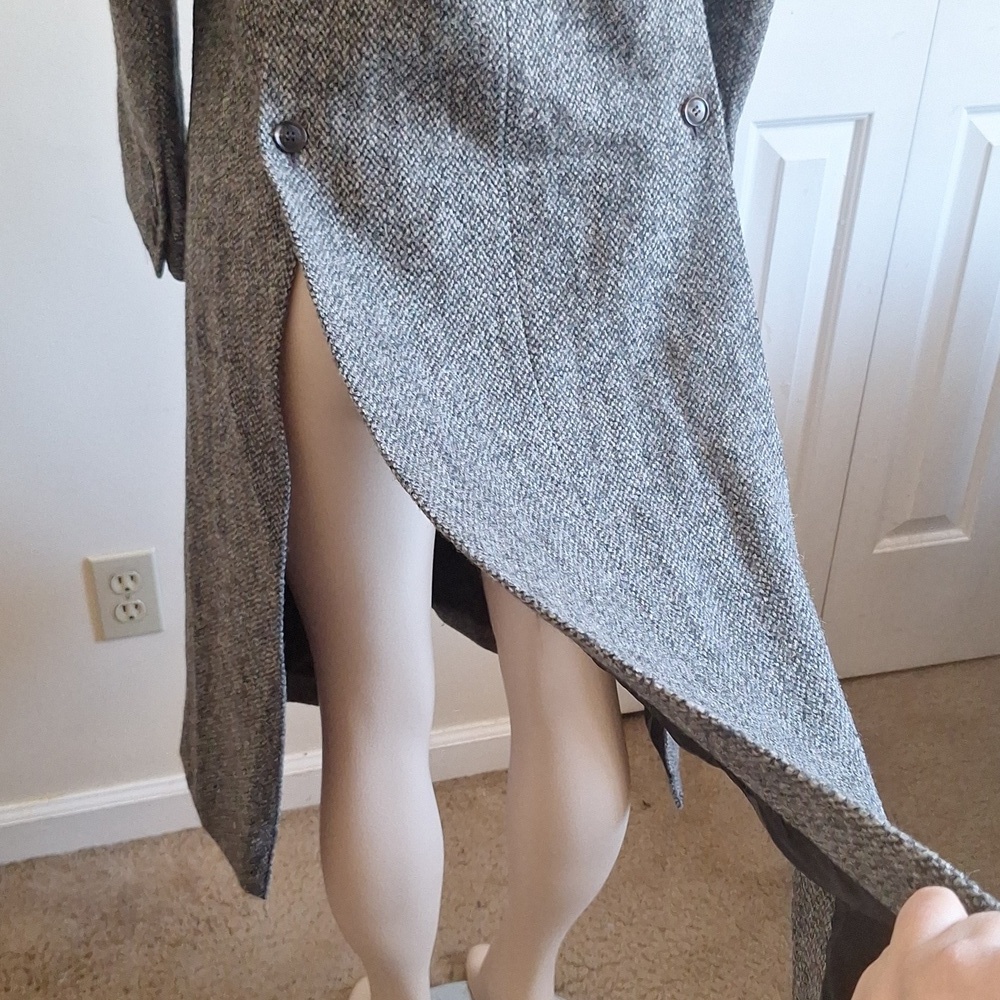 Vintage Harris Tweed Longline Trench Coat Gray Herringbone Handwoven Wool Size M - Picture 5 of 13